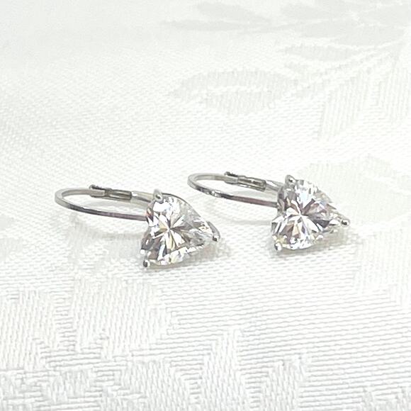 Vtg Sterling Silver 925 Cz Heart Cz Lever Back Earrings Simulated Diamond - Picture 2 of 8